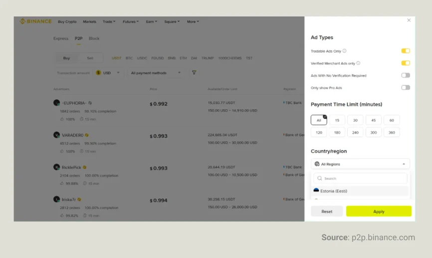 Alt for this image Binance P2P interface