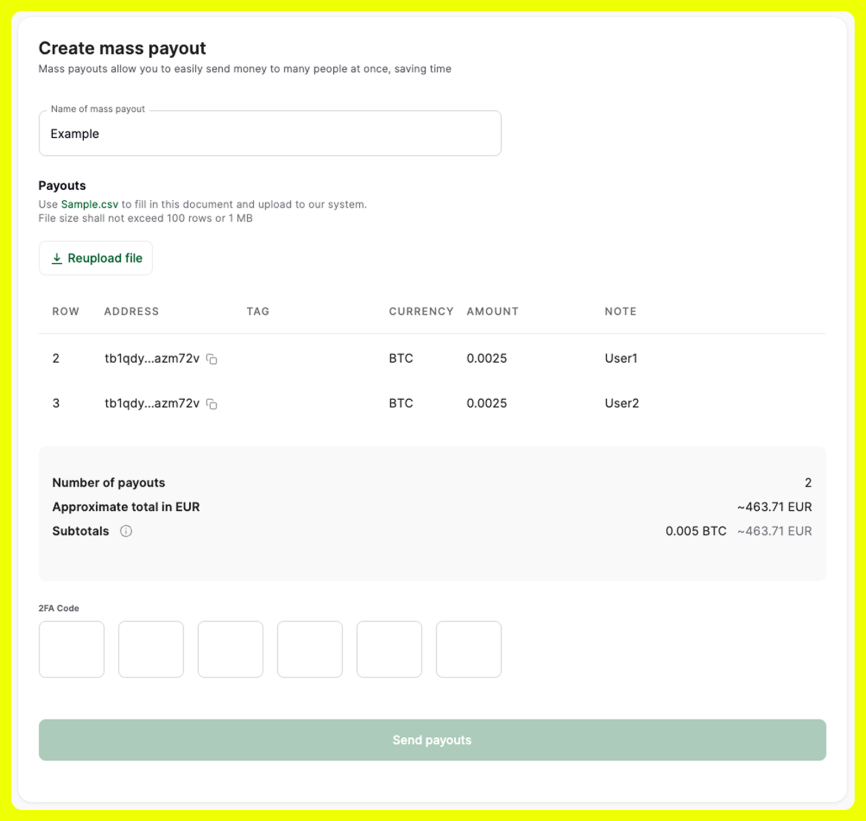Mass payouts preview in CoinsPaid account Mass payouts preview in CoinsPaid account
