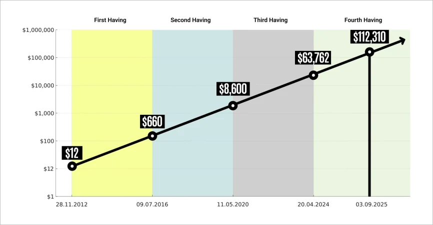 Bitcoin price steady growth after halvings