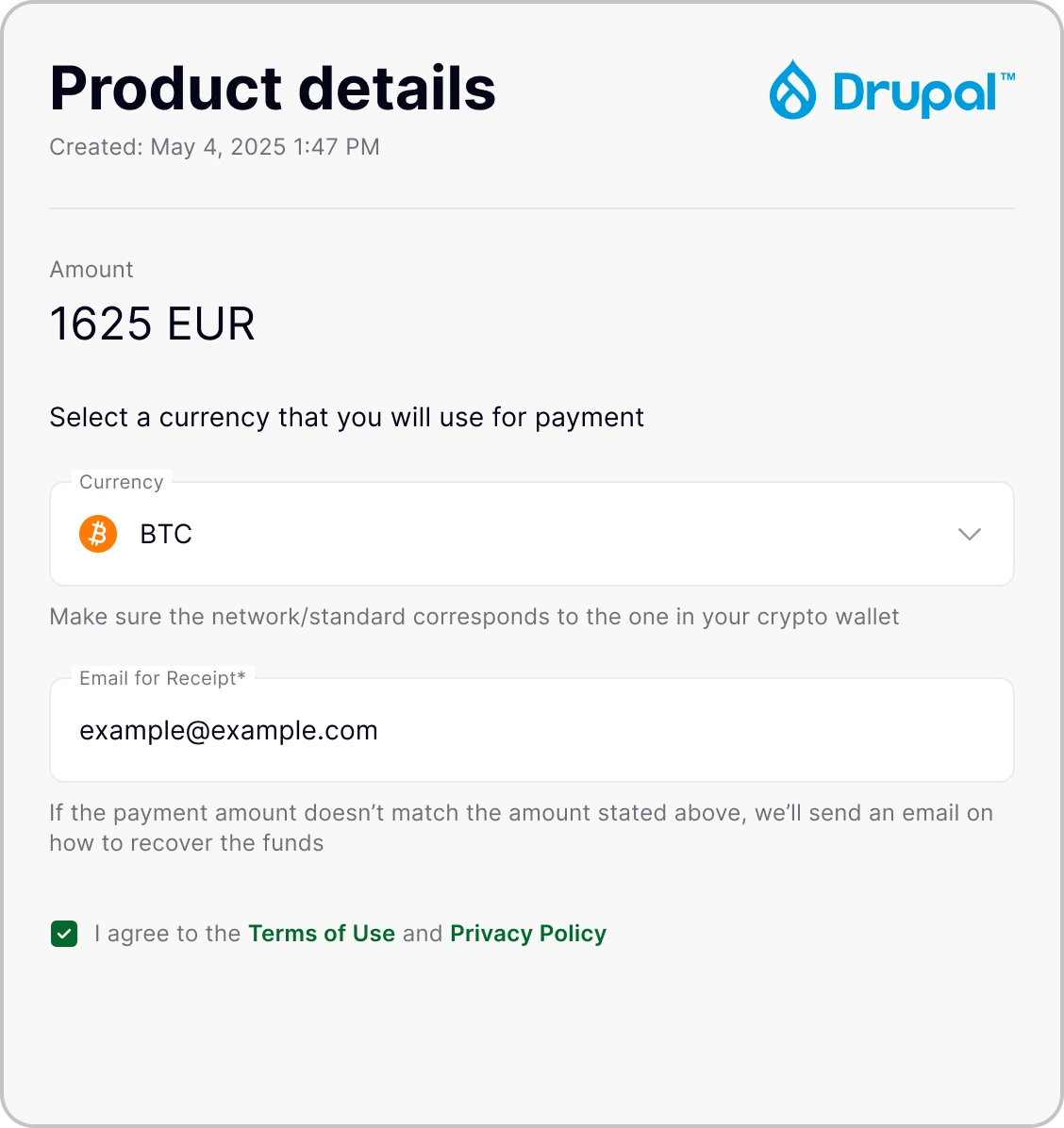 Drupal plugin for crypto payments