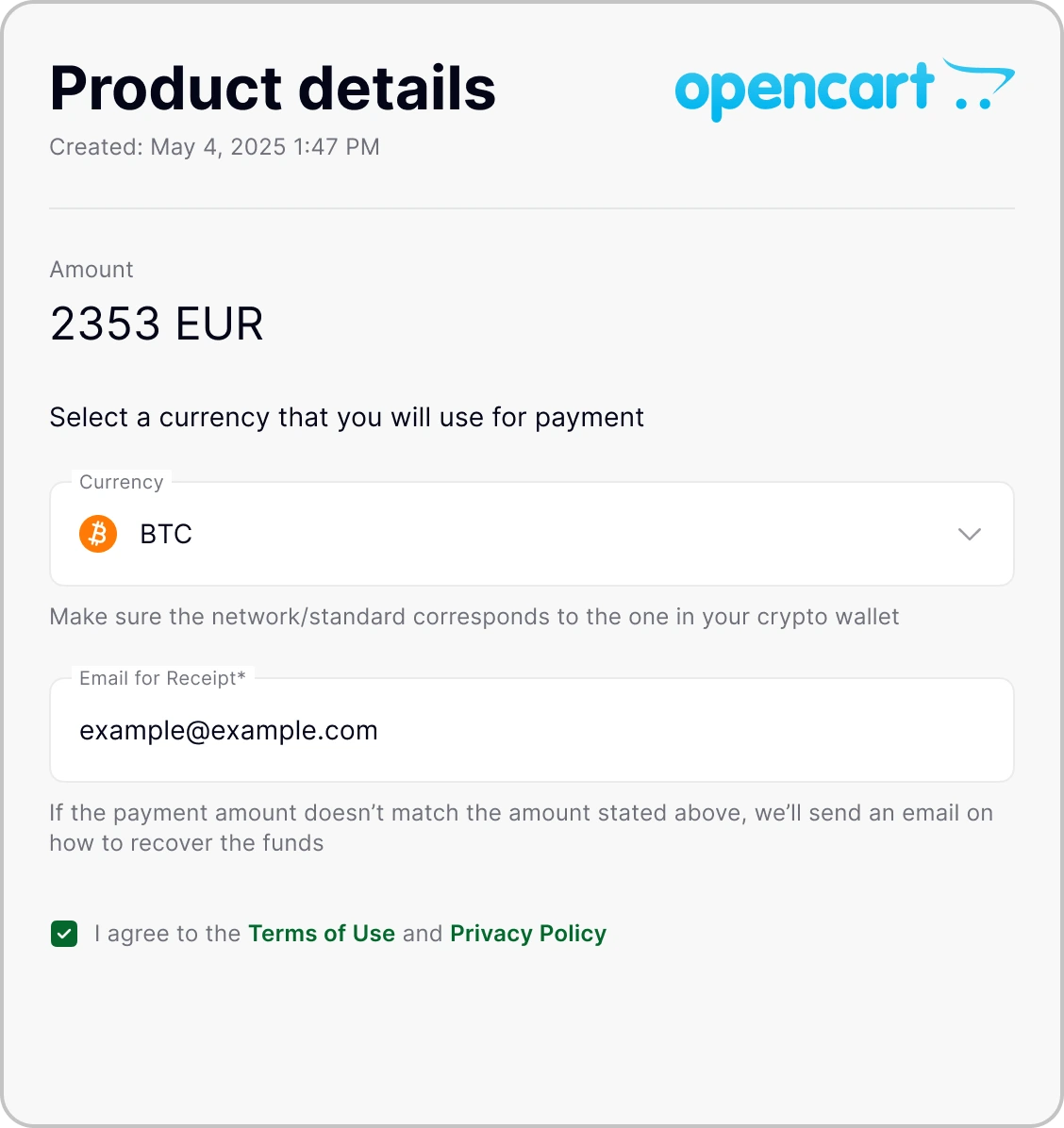 OpenCart plugin for crypto payments