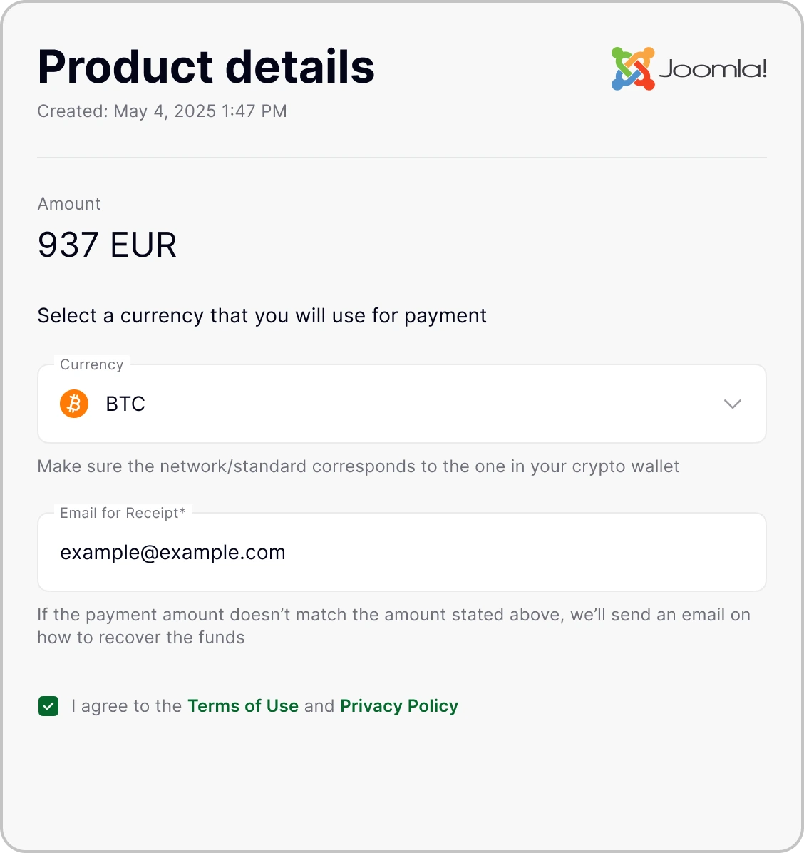 Joomla plugin for crypto payments
