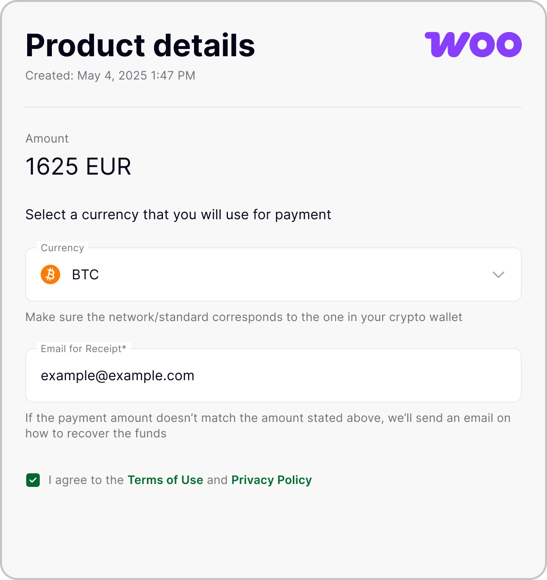 WooCommerce WordPress plugin for crypto payments